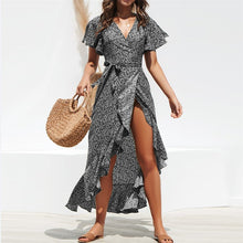 Load image into Gallery viewer, Summer Beach Maxi Dress Women Floral Print Boho Long Chiffon Dress Ruffles Wrap Casual V-Neck Split Sexy Party Dress Robe Femme
