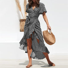 Load image into Gallery viewer, Summer Beach Maxi Dress Women Floral Print Boho Long Chiffon Dress Ruffles Wrap Casual V-Neck Split Sexy Party Dress Robe Femme