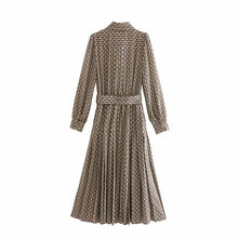 Load image into Gallery viewer, Women Elegant Long Dress With Belt Chain Print Bow Tie Neck Office Lady Shirt Dress Puff Long Sleeve Pleated Dress Vestidos