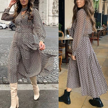 Load image into Gallery viewer, Women Elegant Long Dress With Belt Chain Print Bow Tie Neck Office Lady Shirt Dress Puff Long Sleeve Pleated Dress Vestidos