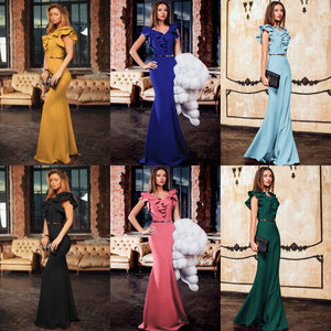 Women Long Maxi Dress Mermaid Ruffles Evening Party Dress Elegant Yellow Green Women Autumn Dress Vestido de Fiesta Robe MC-2870