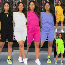 Load image into Gallery viewer, Two-piece Solid Color Women&#39;s Clothing. Short-sleeved Crew Neck T-shirt and Tight-fitting Shorts. Simple Style Tracksuit Outfit
