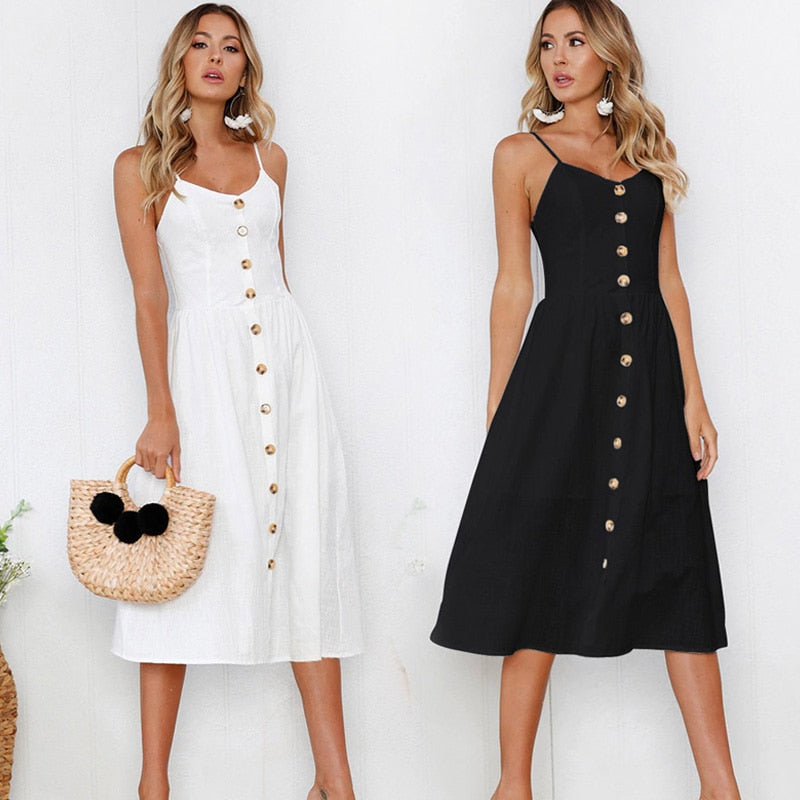 Fashion Sexy Women Sleeveless Backelss Summer Dress 2019 Black White Casual Dress Spaghetti Strap Dresses Button midi Sundress