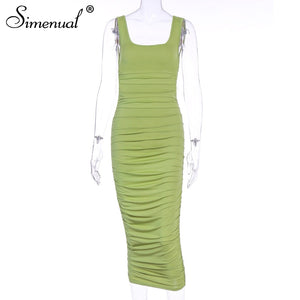 Simenual Ruched Solid Sexy Bodycon Party Dresses Women Fashion Sleeveless Skinny Clubwear Basic Hot Midi Dress 2020 Slim Female