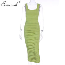 Load image into Gallery viewer, Simenual Ruched Solid Sexy Bodycon Party Dresses Women Fashion Sleeveless Skinny Clubwear Basic Hot Midi Dress 2020 Slim Female
