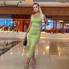 Load image into Gallery viewer, Simenual Ruched Solid Sexy Bodycon Party Dresses Women Fashion Sleeveless Skinny Clubwear Basic Hot Midi Dress 2020 Slim Female
