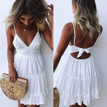 Load image into Gallery viewer, Boho Summer Dress Women Sexy Strappy Lace White Mini Dresses Female Ladies Beach V Neck Party Sundress Black Yellow Pink
