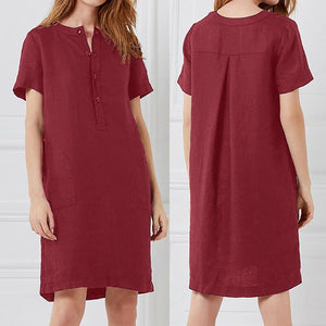 Retro Cotton Linen Shirt Dress Women Autumn O-Neck Short Sleeve Casual Loose Dresses Summer Ladies Clothing Pure Color 2020