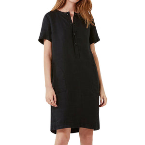 Retro Cotton Linen Shirt Dress Women Autumn O-Neck Short Sleeve Casual Loose Dresses Summer Ladies Clothing Pure Color 2020