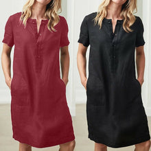 Load image into Gallery viewer, Retro Cotton Linen Shirt Dress Women Autumn O-Neck Short Sleeve Casual Loose Dresses Summer Ladies Clothing Pure Color 2020

