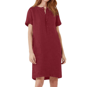 Retro Cotton Linen Shirt Dress Women Autumn O-Neck Short Sleeve Casual Loose Dresses Summer Ladies Clothing Pure Color 2020