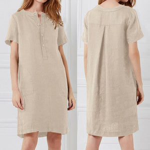 Retro Cotton Linen Shirt Dress Women Autumn O-Neck Short Sleeve Casual Loose Dresses Summer Ladies Clothing Pure Color 2020
