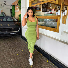 Load image into Gallery viewer, Simenual Ruched Solid Sexy Bodycon Party Dresses Women Fashion Sleeveless Skinny Clubwear Basic Hot Midi Dress 2020 Slim Female
