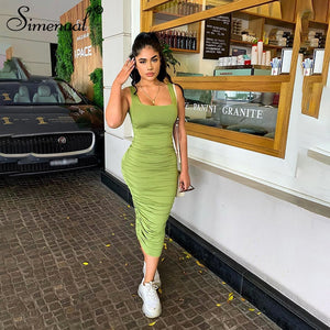 Simenual Ruched Solid Sexy Bodycon Party Dresses Women Fashion Sleeveless Skinny Clubwear Basic Hot Midi Dress 2020 Slim Female