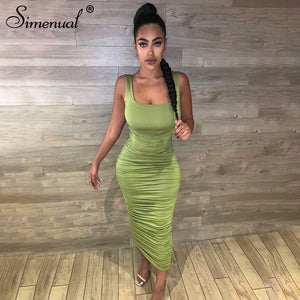 Simenual Ruched Solid Sexy Bodycon Party Dresses Women Fashion Sleeveless Skinny Clubwear Basic Hot Midi Dress 2020 Slim Female