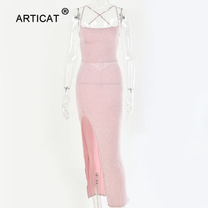 Articat Long Backless Maxi Dress Women Spaghetti Strap High Split Bodycon Bandage Summer Dress Elegant Slim Party Dress Vestidos