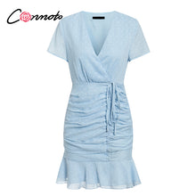 Load image into Gallery viewer, Conmoto sexy short chiffon dresses women casual polka dot blue dress beach summer 2020 femme robe dress vestidos
