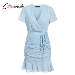 Conmoto sexy short chiffon dresses women casual polka dot blue dress beach summer 2020 femme robe dress vestidos