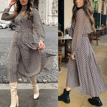 Load image into Gallery viewer, Women Elegant Long Dress With Belt Chain Print Bow Tie Neck Office Lady Shirt Dress Puff Long Sleeve Pleated Dress Vestidos
